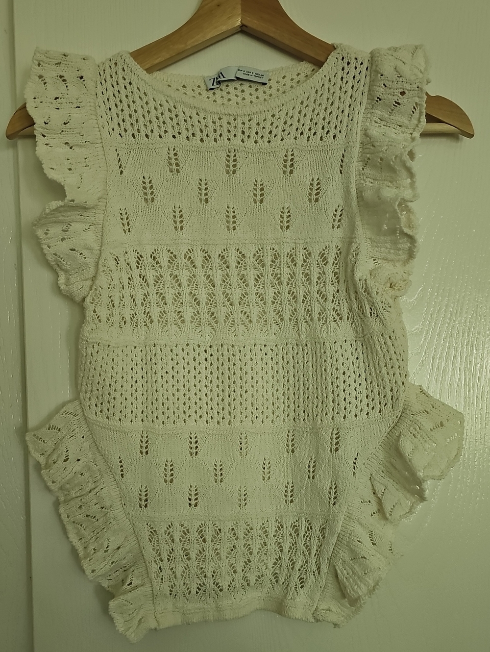 Zara Cream Openwork Knit Ruffle-Edge Top - Picture 2 of 3